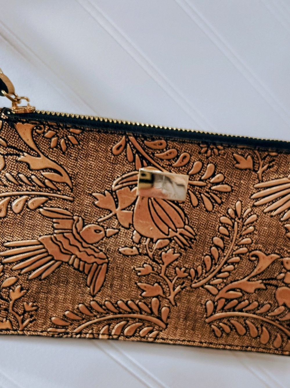 Metallic Bronze Embossed Bird Wristlet Clutch